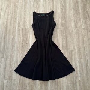 Ralph Lauren Sleeveless Midi Fit-and-Flare Dress with Lamb Leather Trim, Size 6